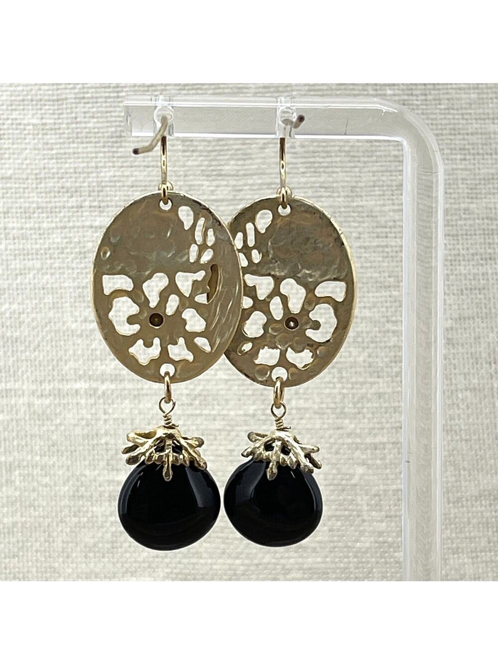 Gold Tone Oval Flower Engraved Hook Earrings w/ Dangle Black Bead Vintage